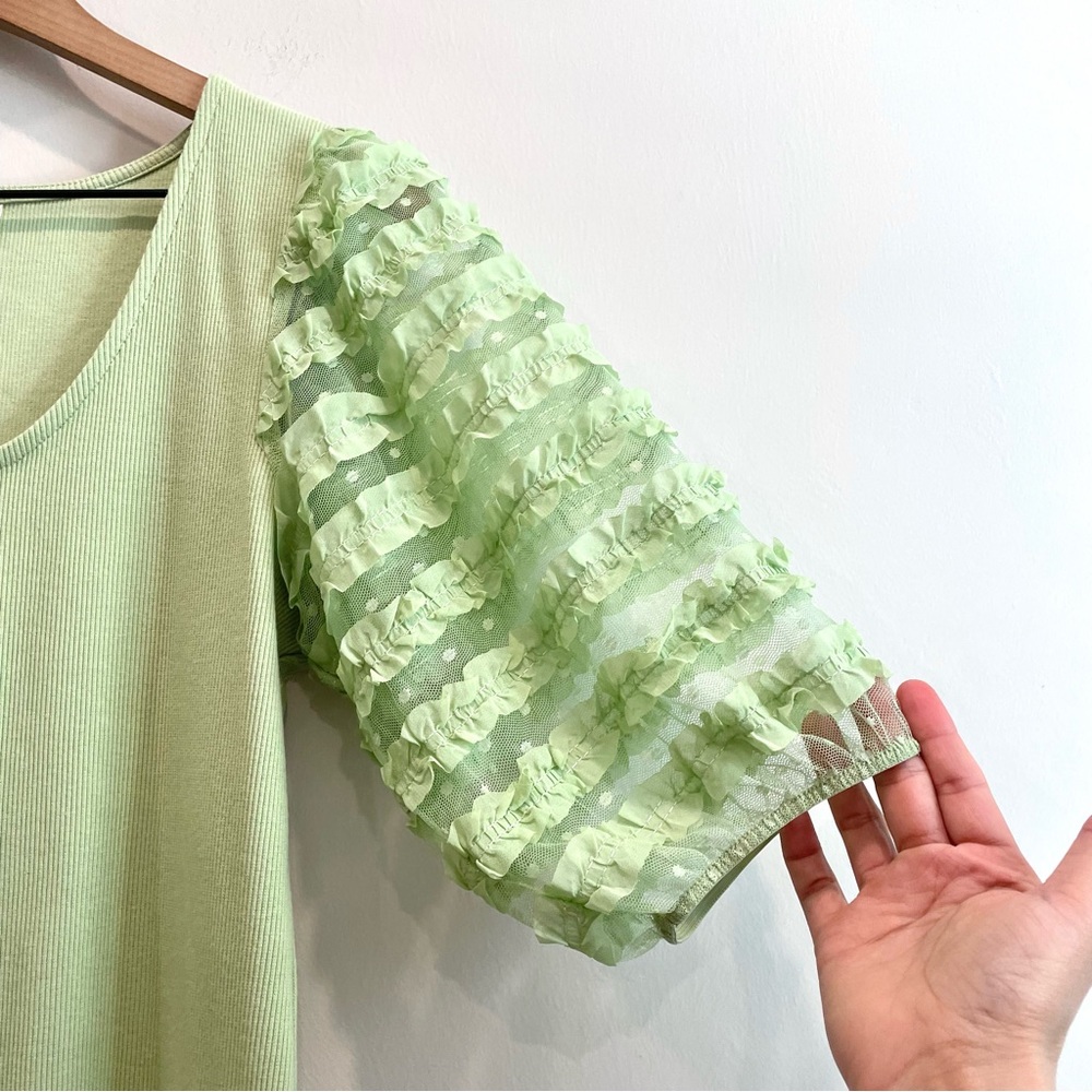 Dolan Short Sheer Puff Ruffle Sleeve Ribbed Top - Picture 5 of 12